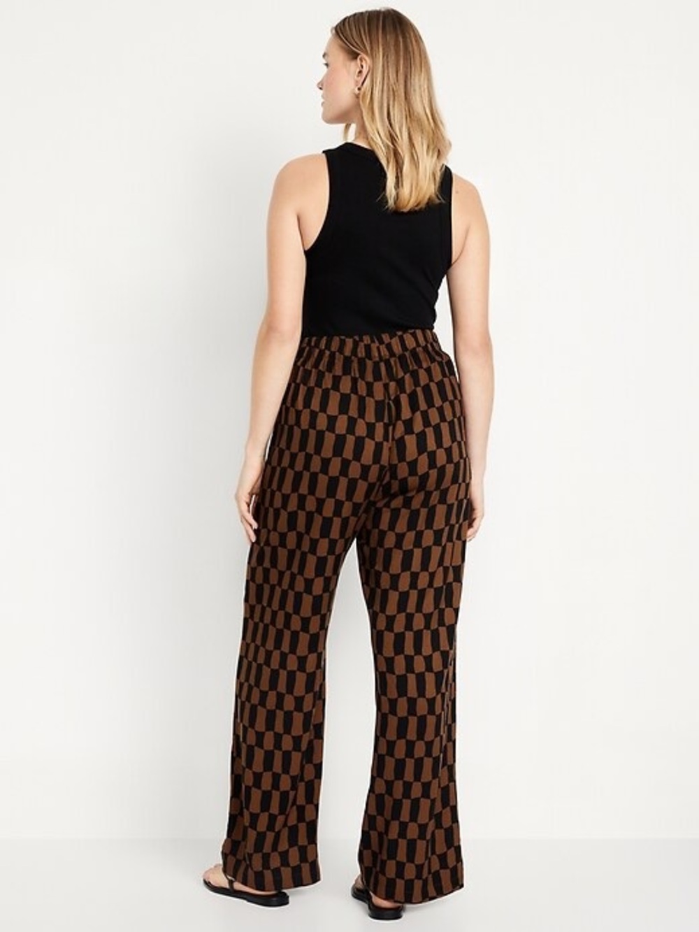 Old Navy Playa wide leg high rise elastic waist brown Checker Pants Large - Picture 2 of 9